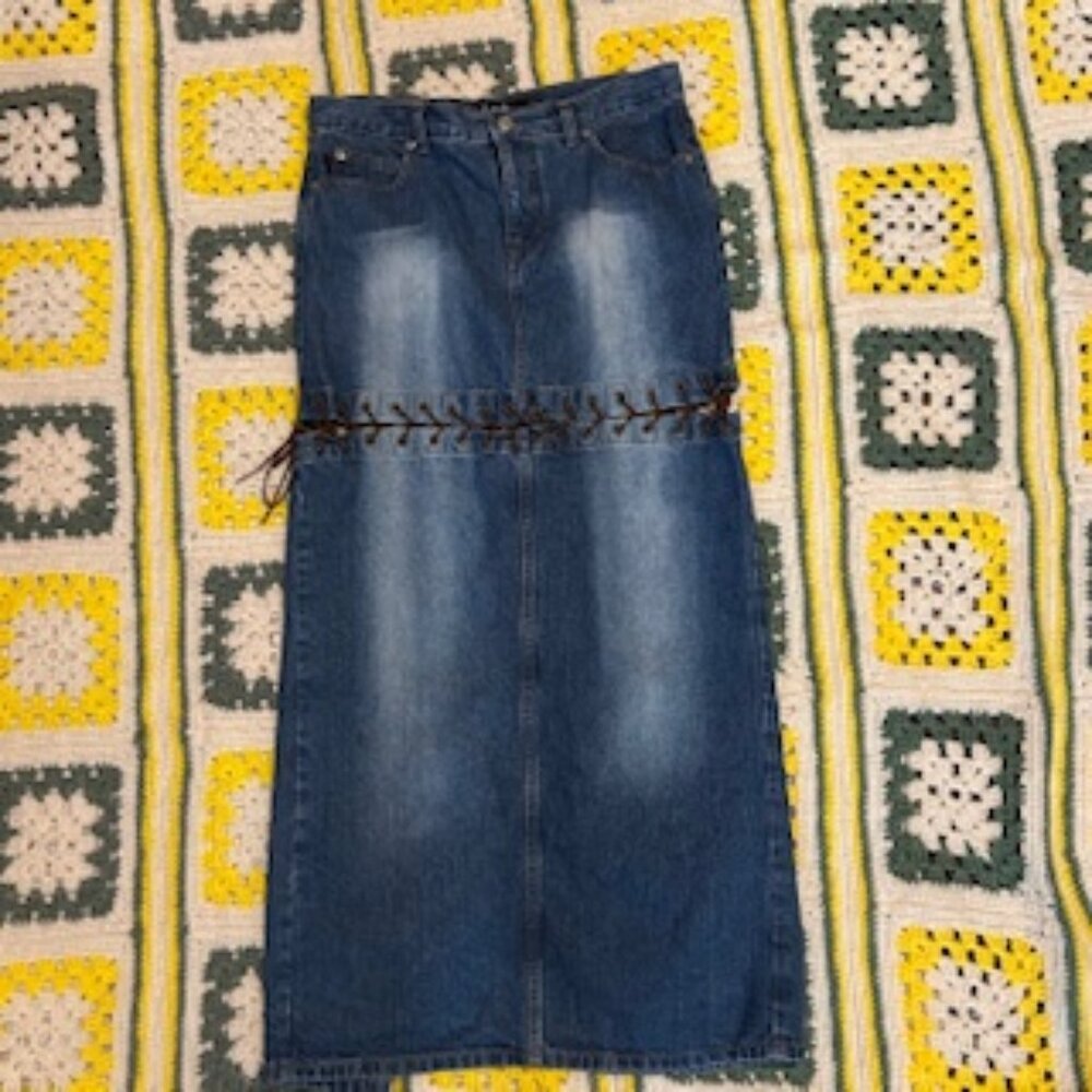 Vintage  Distressed Jalate Maxi/ Mini Jean Skirt with Leather Stitching